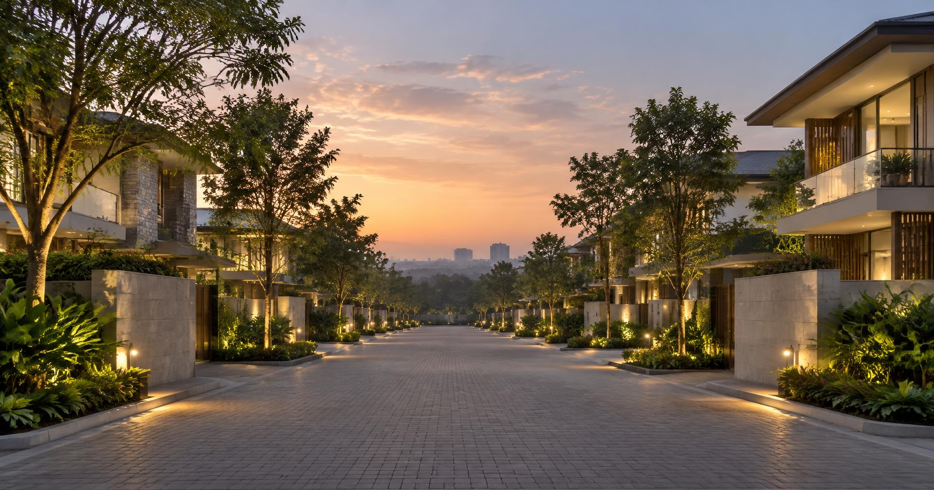 Tree-lined contemporary residential avenue at dusk